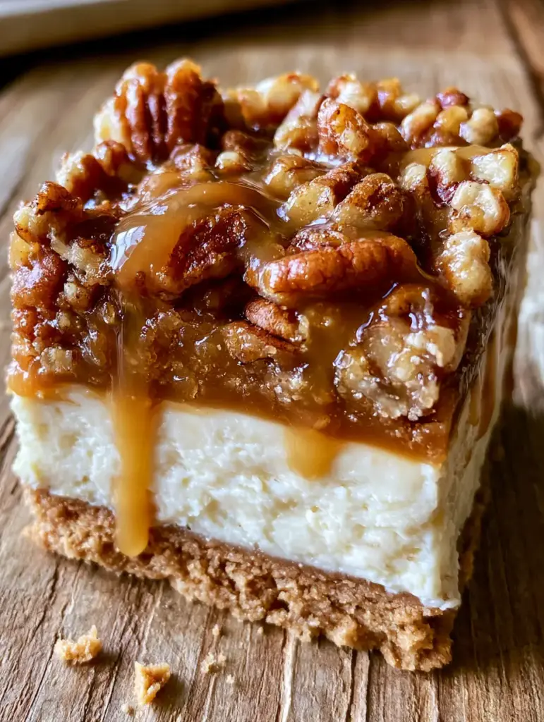 Side view of pecan pie cheesecake bars showing the thick layer of whole toasted pecans and dripping salted caramel.
