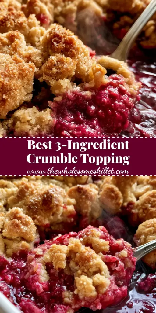 A top-down view of a berry bake featuring chunky buttery crumble topping and coarse sugar crystals.