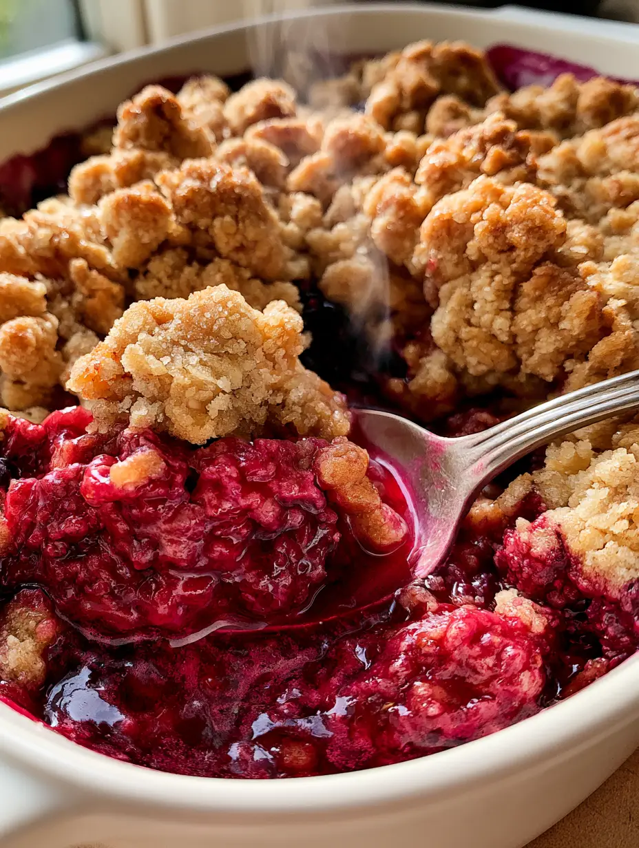 Freshly baked berry crumble in a white ceramic dish with thick magenta filling and buttery crumble topping.