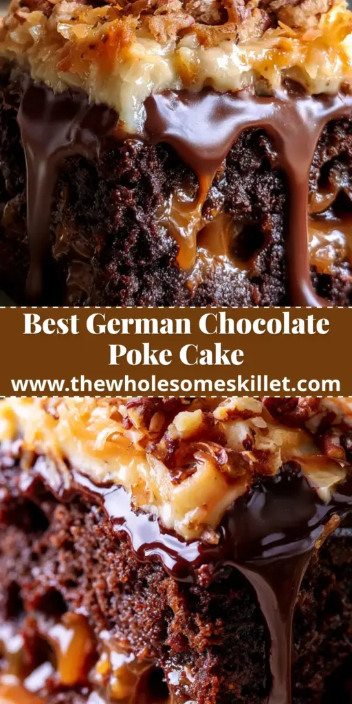 A vertical shot of a german chocolate poke cake topped with toasted coconut, pecans, and silky ganache drizzle.