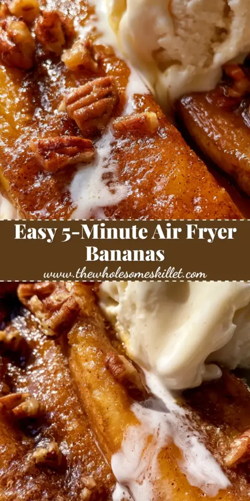 A close-up shot of caramelized air fryer bananas topped with melting vanilla bean ice cream and toasted pecans, glistening with golden syrup.