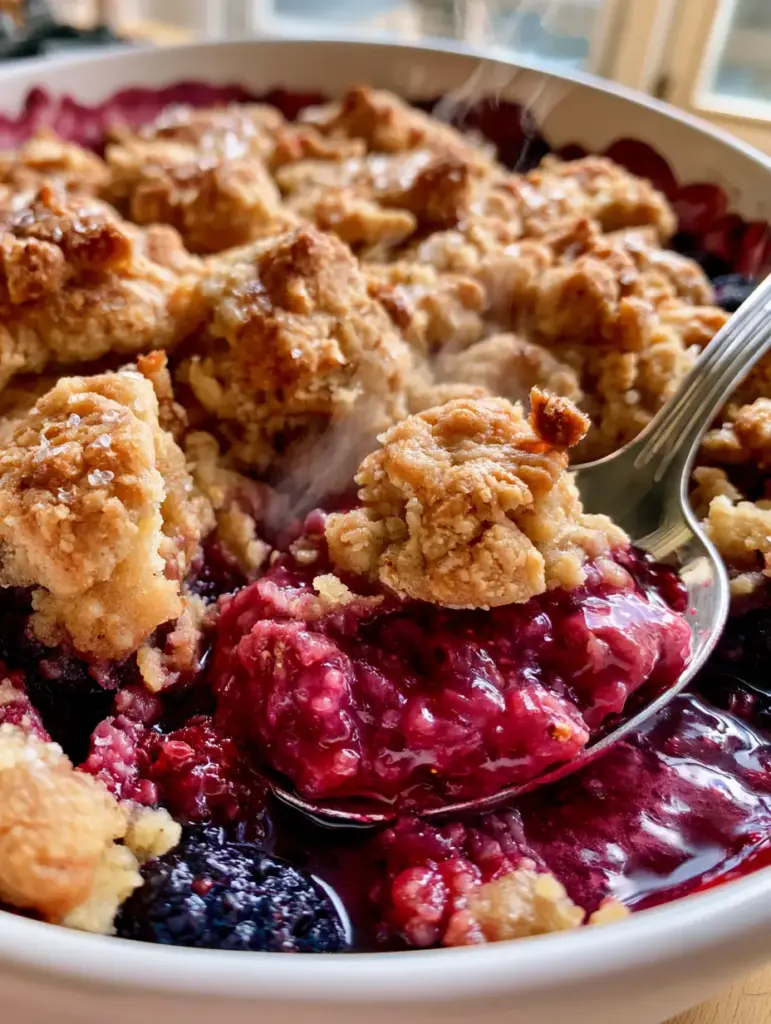 A silver spoon scooping out a portion of berry crumble showing steam and thick syrup under a buttery crumble topping.