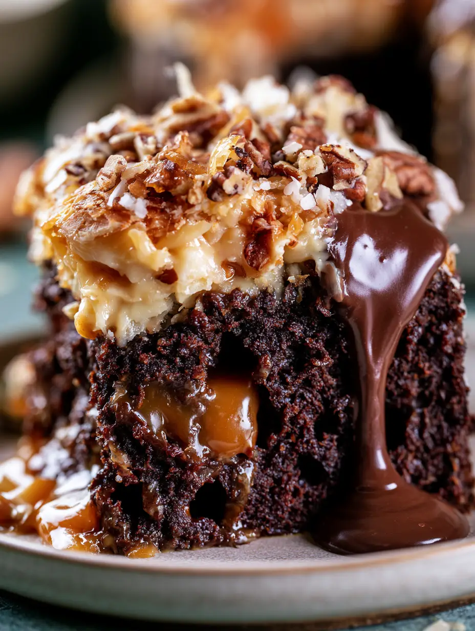 Extreme macro close-up of a german chocolate poke cake slice showing amber caramel filled holes and moist cocoa crumbs.