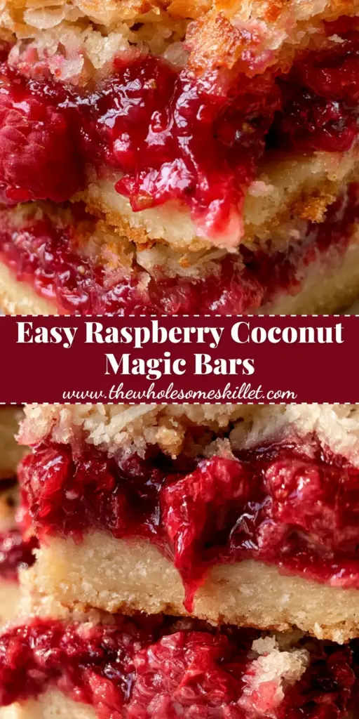 Raspberry Coconut Magic Bars: The Ultimate Buttery and Jammy Dessert 4 A tall stack of raspberry coconut magic bars on white marble, showing the golden crust and vibrant red jam layers.