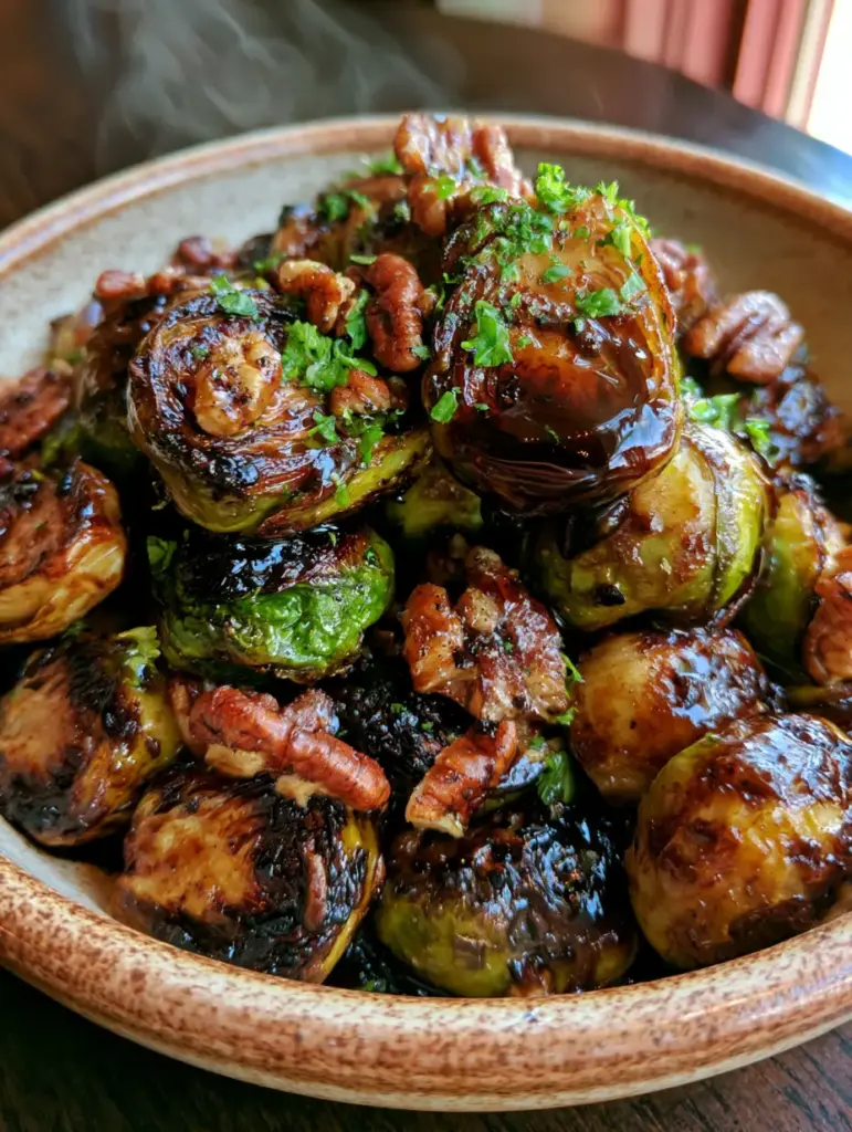 Rustic bowl of honey balsamic brussels sprouts on a dark wooden table with warm window lighting.