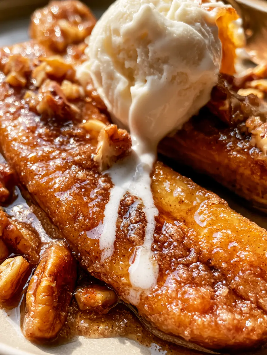 Close-up smartphone photo of two banana halves caramelized in an air fryer with bubbling brown sugar and melting ice cream. (air fryer bananas)
