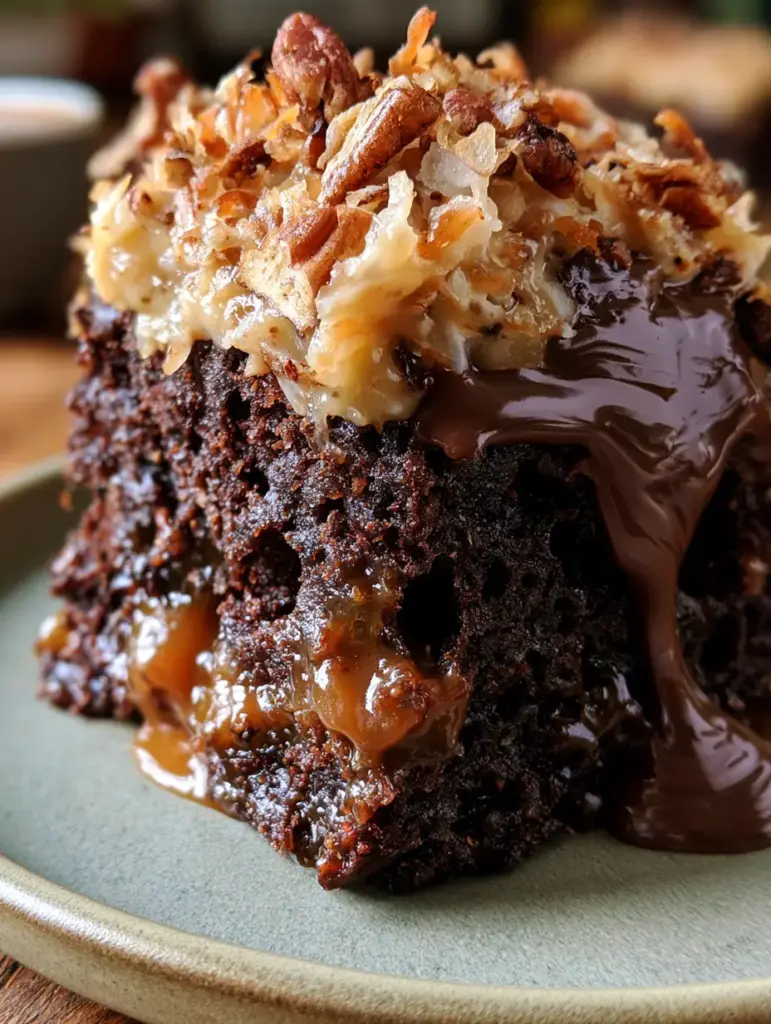 A single slice of german chocolate poke cake on a matte plate with silky chocolate ganache dripping down the side.