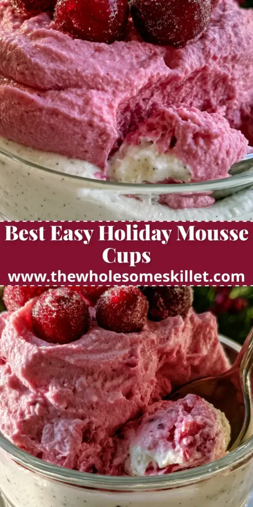 A close-up shot of two layered cranberry mousse parfaits in clear ribbed glasses with silver spoons, garnished with sugar-dusted berries and rosemary.