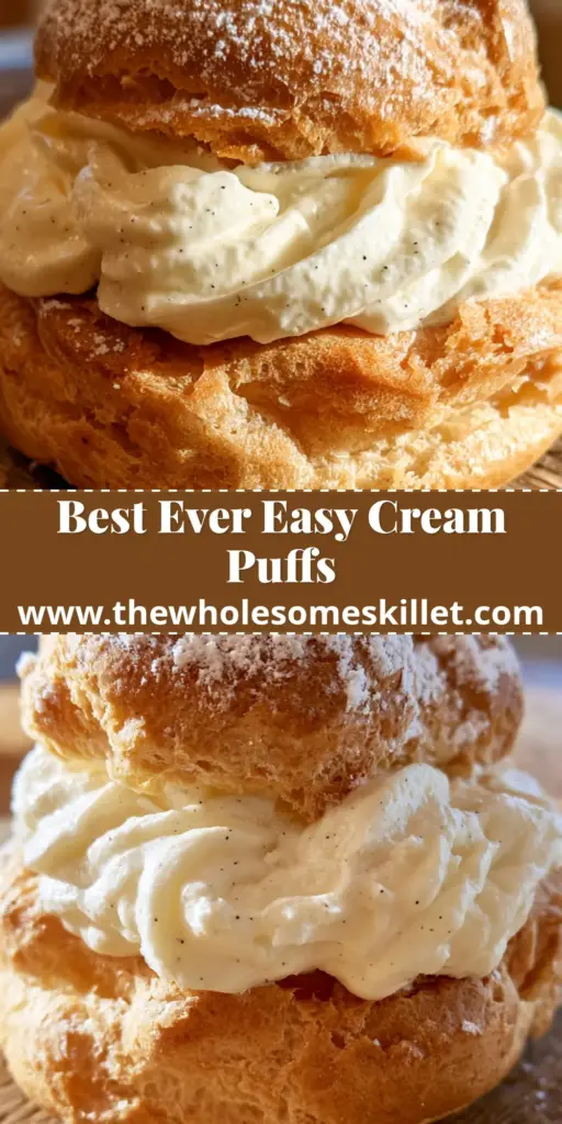 A towering golden-brown cream puff filled with vanilla bean whipped cream on a rustic board (cream puffs)