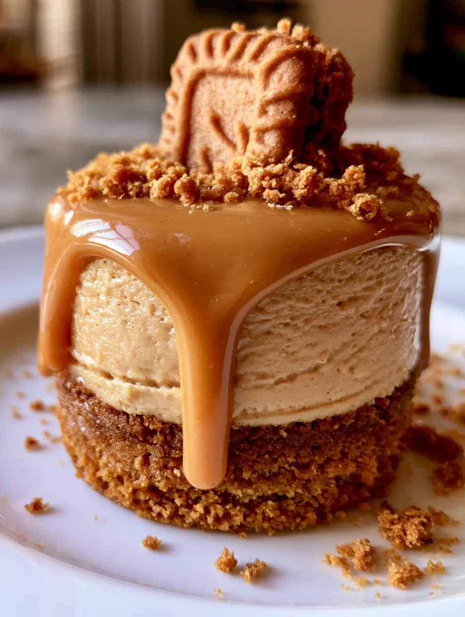 Handheld smartphone photo of a mini Biscoff cheesecake featuring a glossy drip and whole biscuit garnish. (biscoff mini cheesecakes)