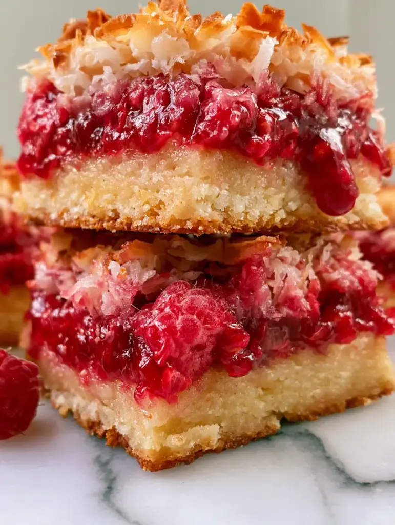 Raspberry Coconut Magic Bars: The Ultimate Buttery and Jammy Dessert 2 Close-up shot of raspberry coconut magic bars with visible toasted coconut flakes and oozing raspberry jam.