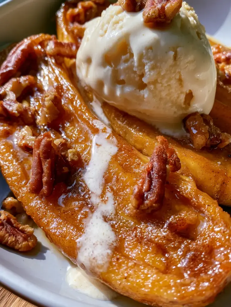 Macro detail of warm golden-brown air fryer bananas with white ice cream streaks and crunchy toasted pecans.