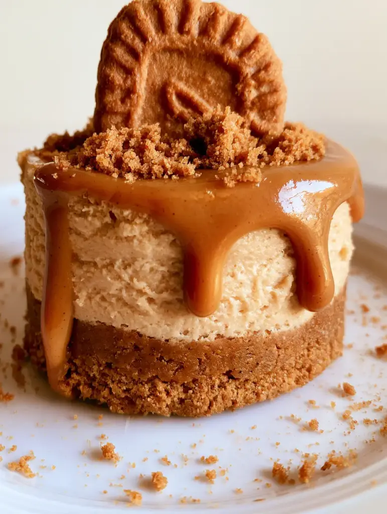 Close-up of a Biscoff mini cheesecake on a white plate with messy crumbs.