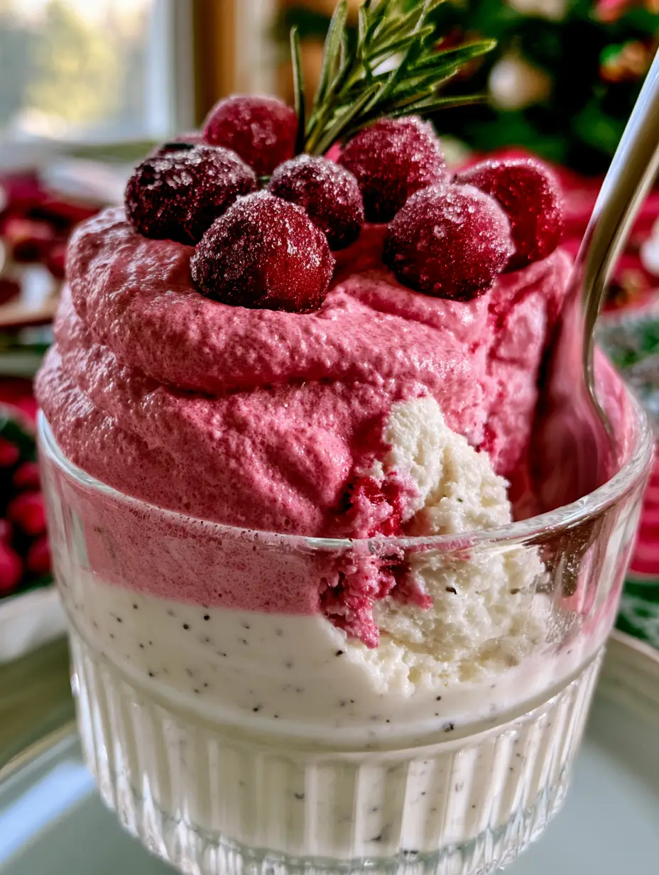 Smartphone photo of a cranberry mousse parfait showing a scoop of white vanilla bean and pink cranberry mousse on a silver spoon.