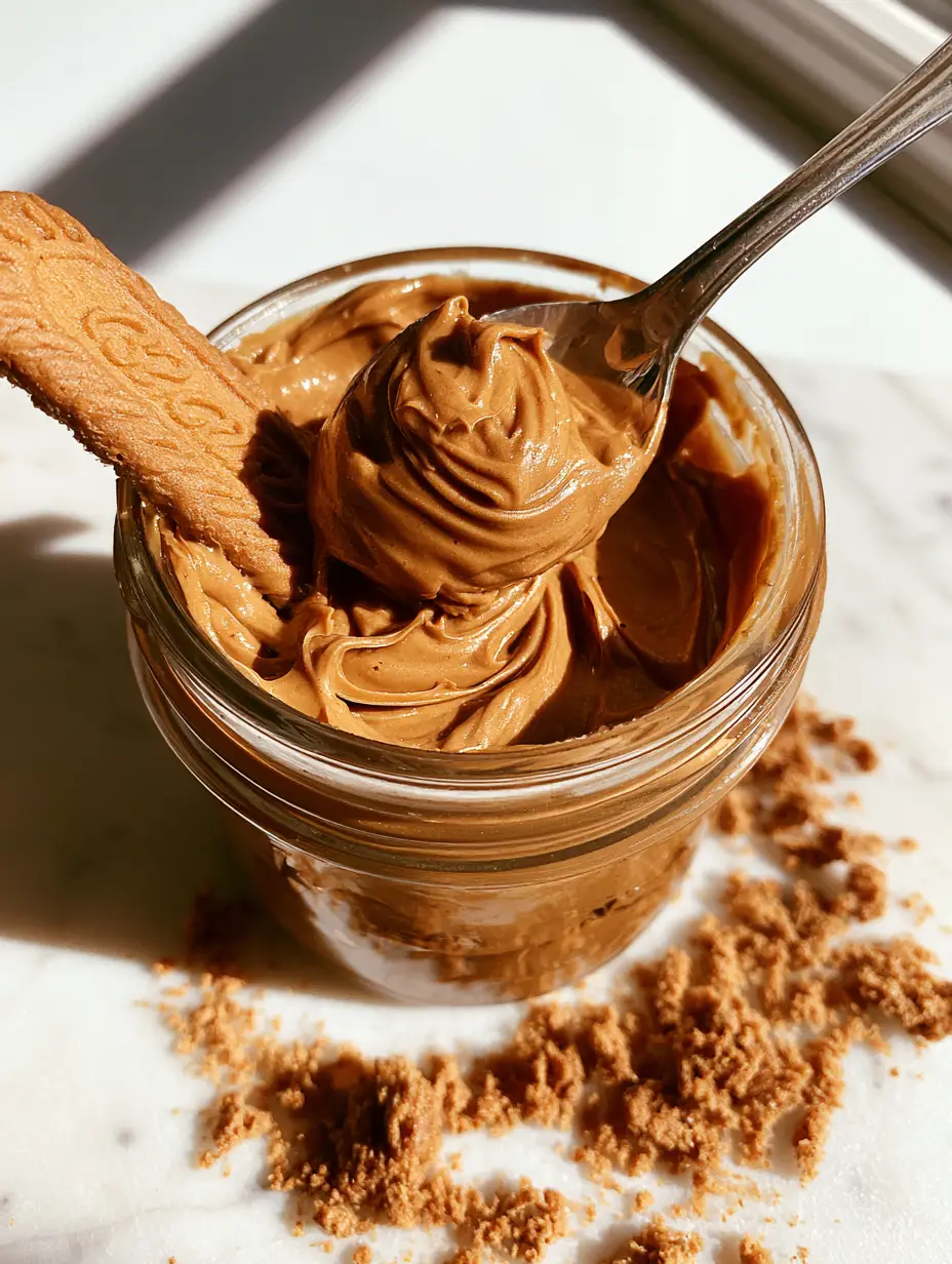 Biscoff Spread: The Ultimate Homemade Speculoos Cookie Butter Recipe 3 Smartphone photo of a jar of homemade biscoff spread showing a thick swirl on a silver spoon and natural highlights.