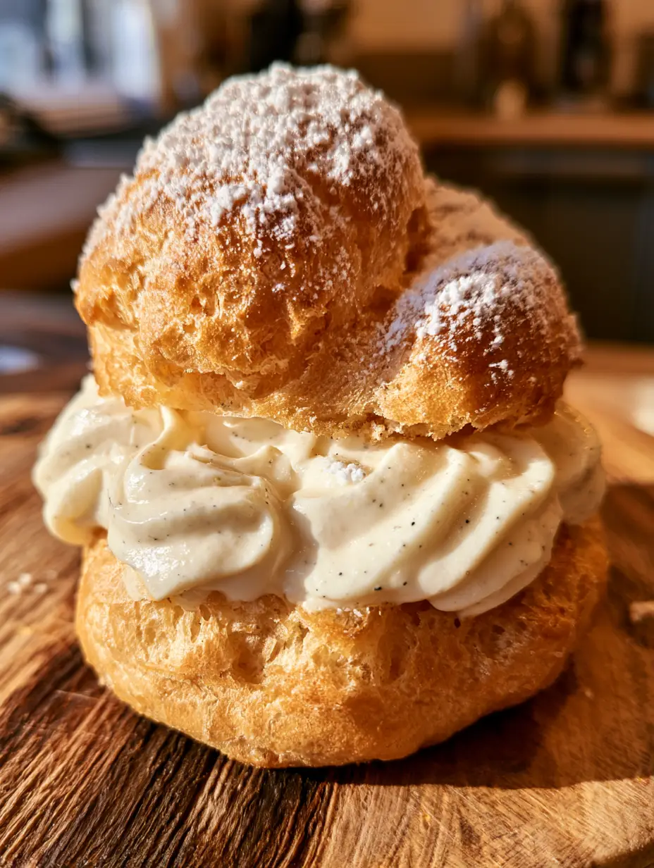 Macro photography of a golden-brown cream puff shell with crispy texture and powdered sugar (cream puffs)