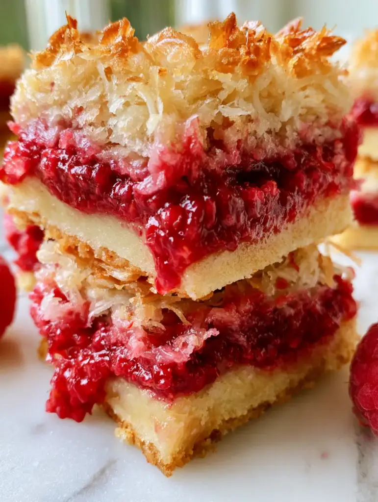 Raspberry Coconut Magic Bars: The Ultimate Buttery and Jammy Dessert 1 Handheld smartphone photo style of raspberry coconut magic bars on marble, highlighting the sticky and crispy textures.
