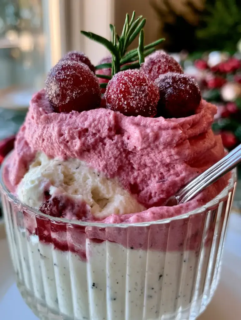 Macro view of sparkling sugar-dusted cranberries and a rosemary sprig atop a pink cranberry mousse parfait.