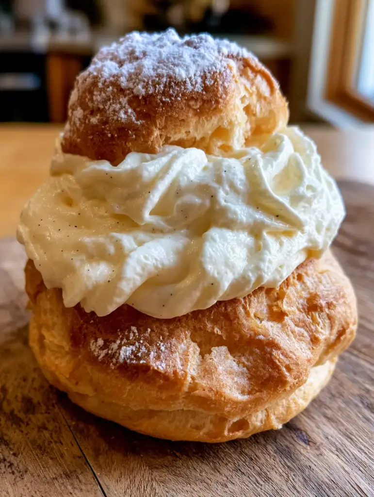 Close-up of thick velvety vanilla bean whipped cream overflowing from a cream puff (cream puffs)
