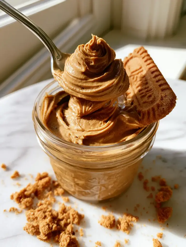 Biscoff Spread: The Ultimate Homemade Speculoos Cookie Butter Recipe 1 A crisp Biscoff biscuit being dipped into a glass jar of creamy biscoff spread on a white marble surface.