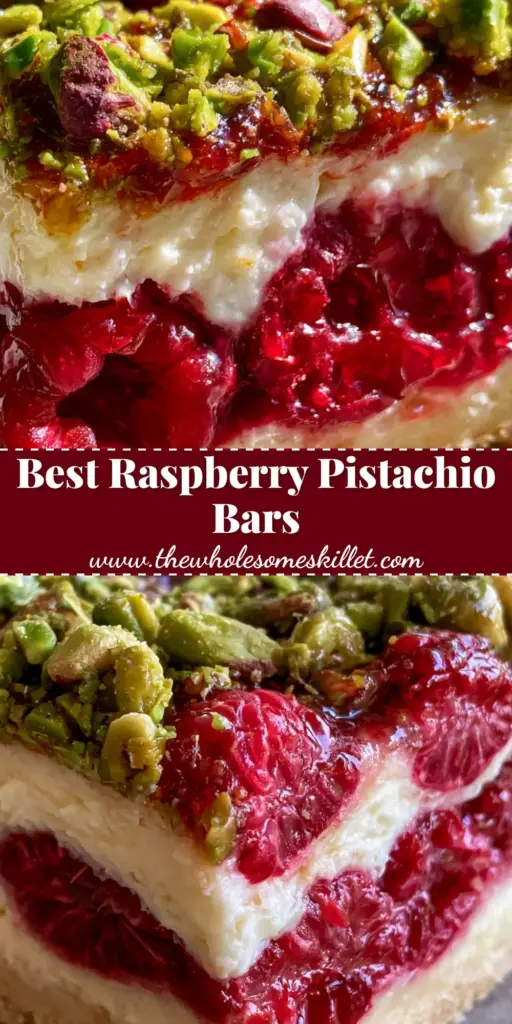 Raspberry Pistachio Bars with Creamy Cheesecake and Shortbread 3 A stack of gourmet raspberry pistachio bars showing the thick shortbread crust, creamy cheesecake layer, and whole red berries. (raspberry pistachio bars)