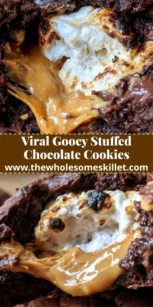 Chocolate Peanut Butter Cookies with a Molten Marshmallow Core 4 A close-up vertical shot of warm chocolate peanut butter cookies being pulled apart, showing a molten golden center and gooey marshmallows.