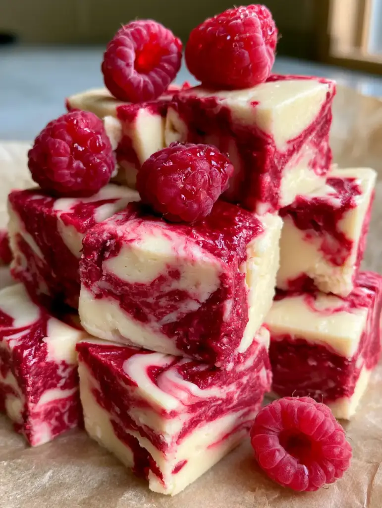 White Chocolate Raspberry Fudge: A Creamy No-Bake Masterpiece 2 Close-up macro shot of white chocolate raspberry fudge showing the dense creamy texture and vibrant red fruit ribbons. (white chocolate raspberry fudge)
