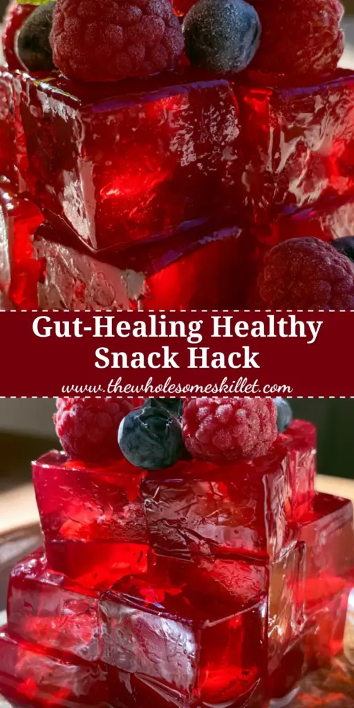 A close-up of stacked, glistening red pomegranate cubes of gut healing jello on a rustic plate.
