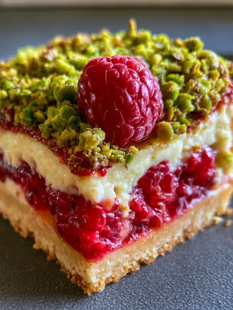 Raspberry Pistachio Bars with Creamy Cheesecake and Shortbread 2 A close-up handheld photo of a single Raspberry Pistachio Bar with a heavy coating of vibrant green pistachios and glossy red berries. (raspberry pistachio bars)