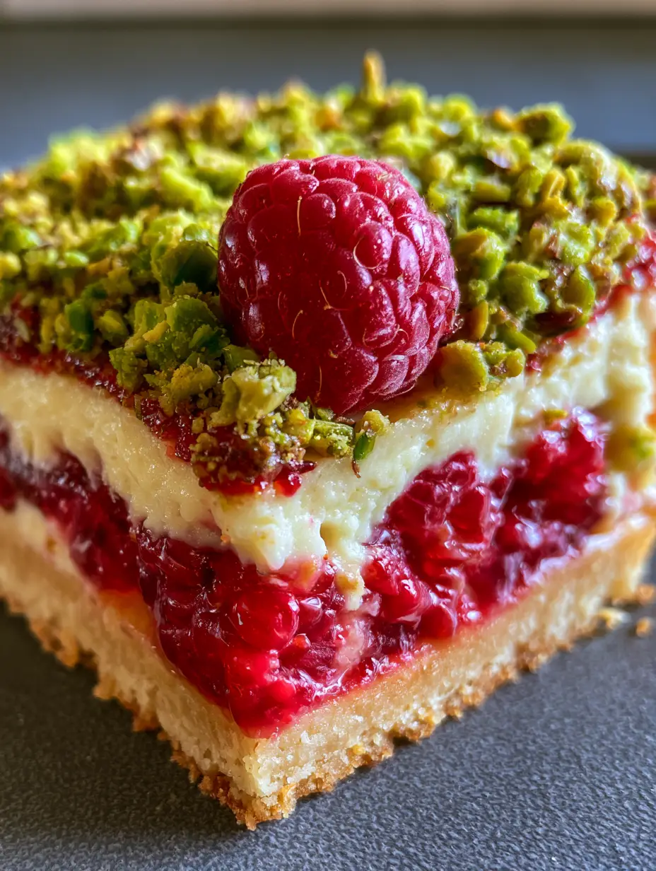 Raspberry Pistachio Bars with Creamy Cheesecake and Shortbread 4 A close-up handheld photo of a single Raspberry Pistachio Bar with a heavy coating of vibrant green pistachios and glossy red berries. (raspberry pistachio bars)