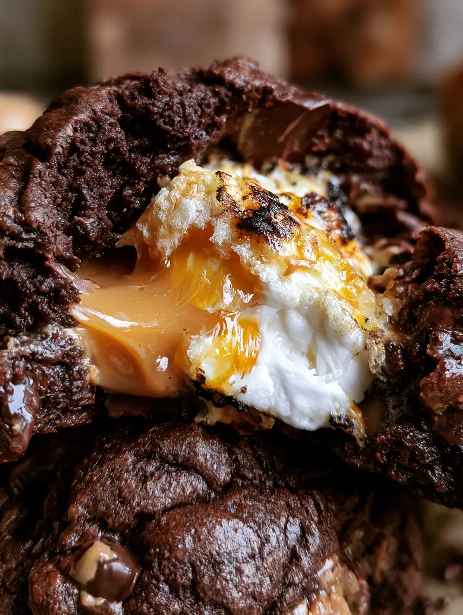 Chocolate Peanut Butter Cookies with a Molten Marshmallow Core 3 Extreme macro photo of a warm dark chocolate cookie with molten peanut butter oozing out and charred marshmallows. (chocolate peanut butter cookies)