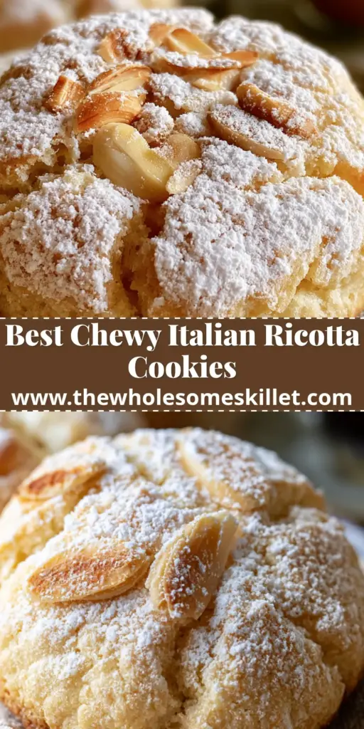 A stack of soft almond ricotta cookies dusted with powdered sugar and topped with sliced almonds. (almond ricotta cookies)