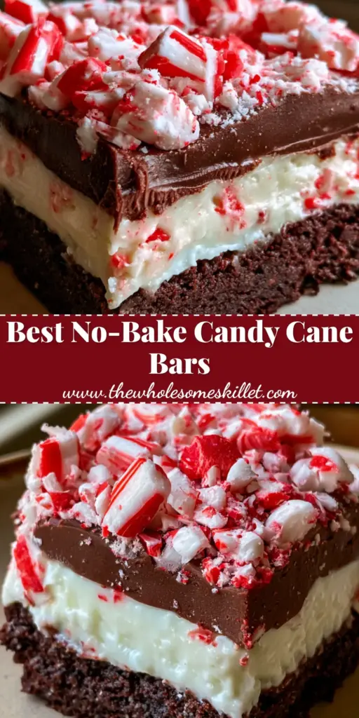 Peppermint Dessert Bars: A Triple-Layer Chocolate and Cream Holiday Treat 4 A stack of peppermint dessert bars featuring a dark cocoa crust, white cream layer, and crushed candy canes. (peppermint dessert bars)
