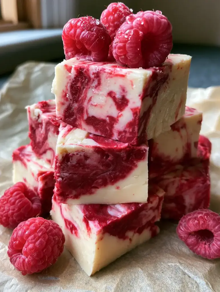 White Chocolate Raspberry Fudge: A Creamy No-Bake Masterpiece 1 Cubes of white chocolate raspberry fudge on a wooden surface with fresh raspberries nearby featuring water droplets.