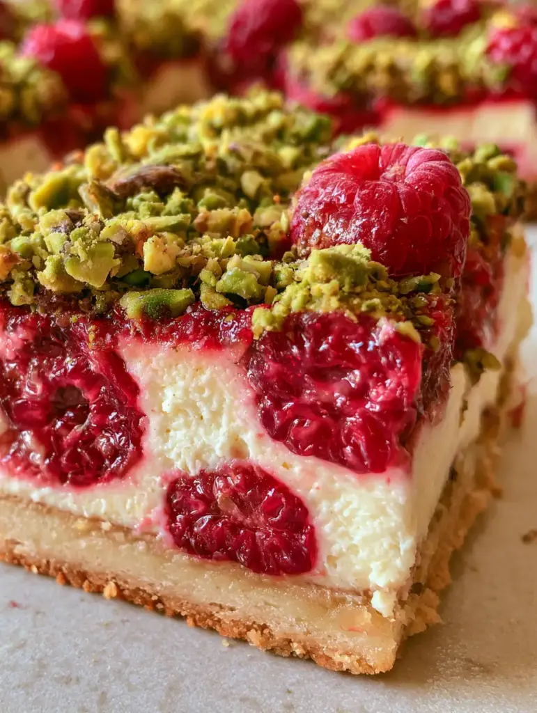 Raspberry Pistachio Bars with Creamy Cheesecake and Shortbread 1 Top-down view of sliced raspberry pistachio bars in a home kitchen setting, highlighting the dense white cheesecake layer. (raspberry pistachio bars)