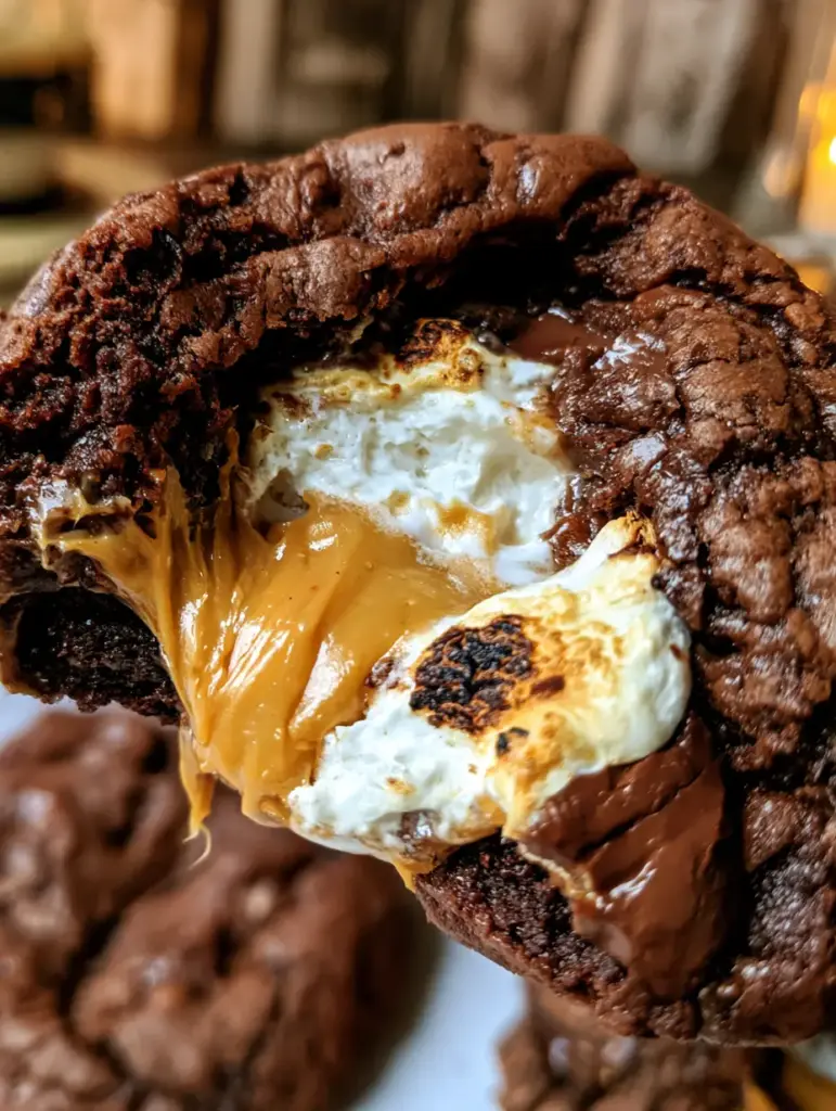 Chocolate Peanut Butter Cookies with a Molten Marshmallow Core 1 Macro view of fudgy chocolate peanut butter cookies showing crinkly dough, glistening chocolate chunks, and charred marshmallow edges.
