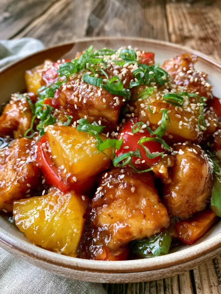 Slow Cooker Hawaiian Chicken with a Thick Soy-Ginger Glaze 1 Close up of slow cooker hawaiian chicken with fresh scallion curls and toasted sesame seeds.