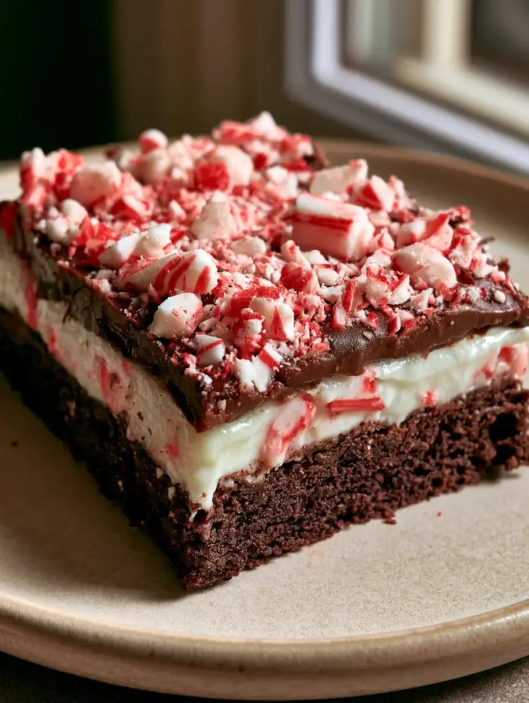 Peppermint Dessert Bars: A Triple-Layer Chocolate and Cream Holiday Treat 2 Close-up side view of a peppermint dessert bar showing the dark chocolate crust and silky white filling. (peppermint dessert bars)