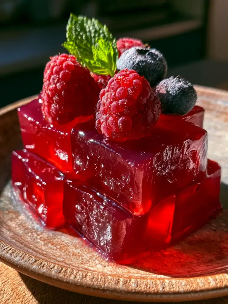 Deep-red gelatin cubes topped with dewy raspberries and dusty blueberries on a rustic plate.