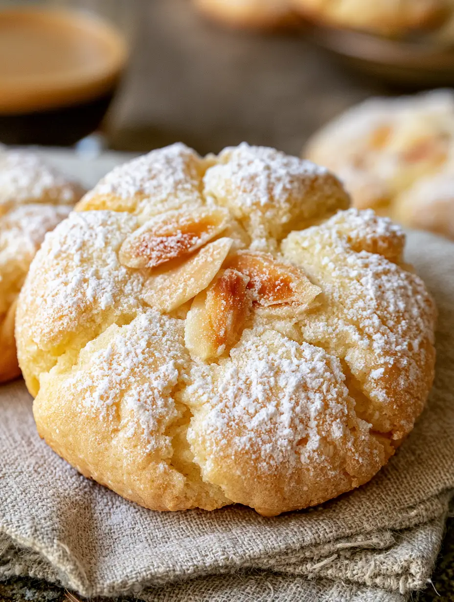 Extreme close up of a single perfectly round Italian almond ricotta cookie with a crinkled texture and toasted almond slivers. (almond ricotta cookies)