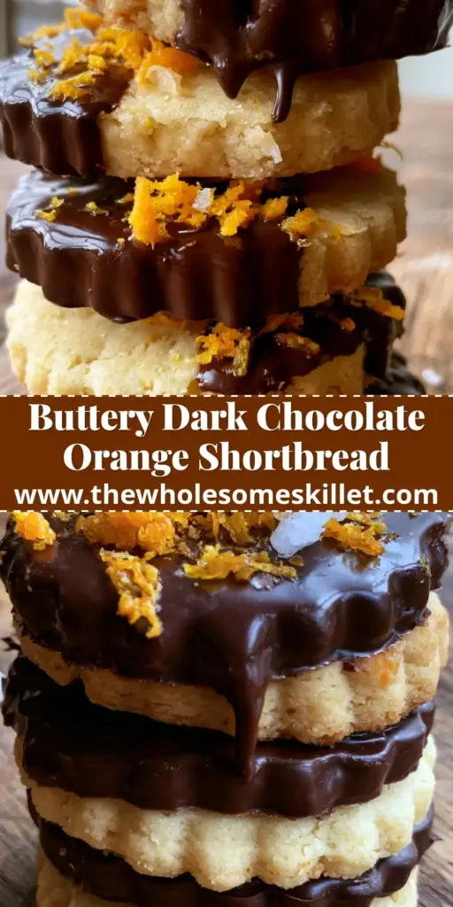 A stack of buttery chocolate dipped orange shortbread cookies with scalloped edges and sea salt flakes on a wooden table.