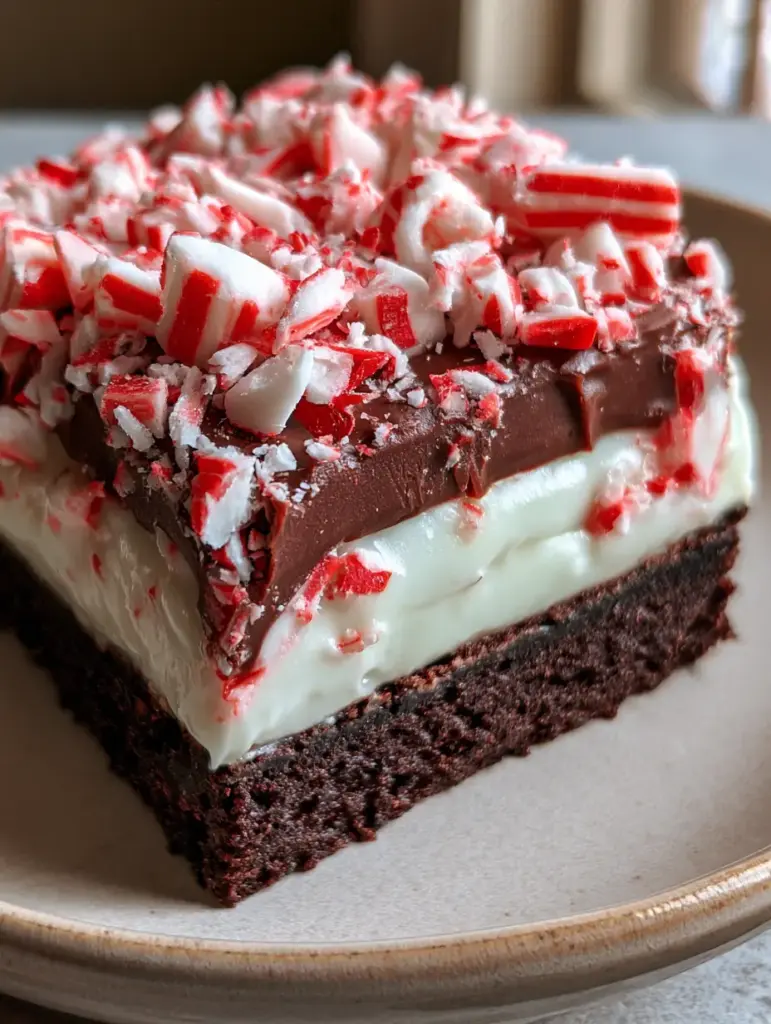 Peppermint Dessert Bars: A Triple-Layer Chocolate and Cream Holiday Treat 1 Top-down view of peppermint dessert bars with semi-sweet chocolate drizzle and white chocolate streaks.