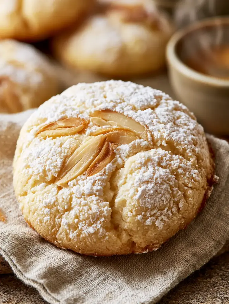 A close up view of the moist cake-like crumb of almond ricotta cookies under warm morning light.