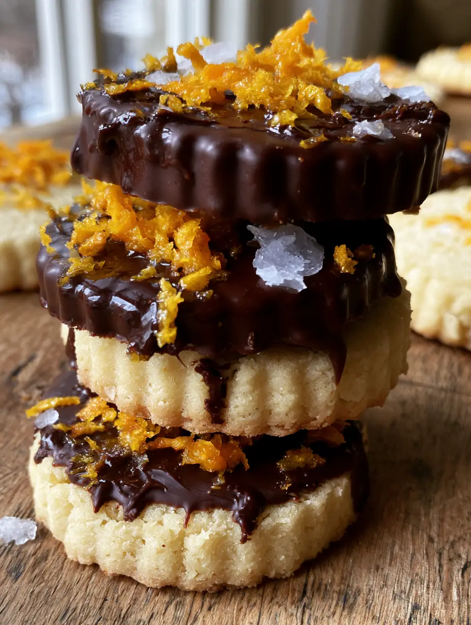 Close up shot of chocolate dipped orange shortbread showing the crumbly texture and glossy chocolate drip.