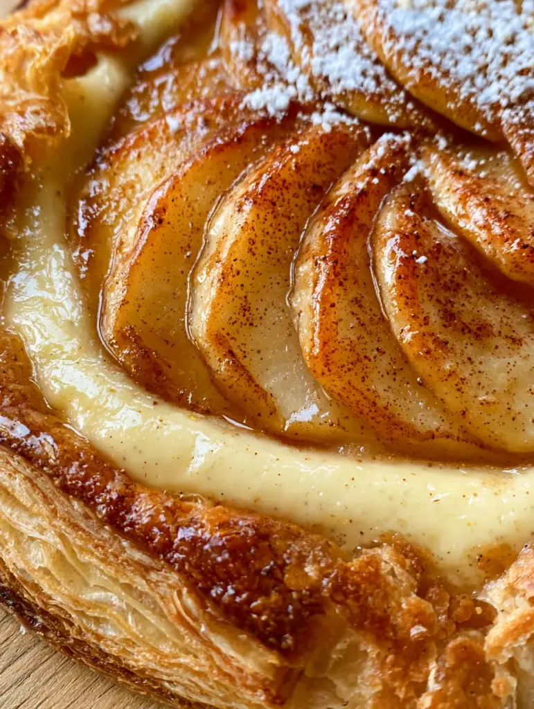 Apple Custard Puff Pastries with Honey-Glazed Honeycrisp Apples 1 Extreme close-up of paper-thin caramelized Honeycrisp apples on a bed of vanilla custard.