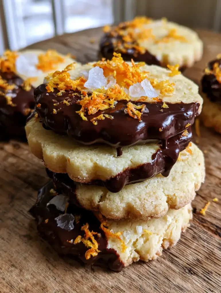 Scalloped edge shortbread cookies dipped in chocolate with vibrant orange zest and sea salt flakes.