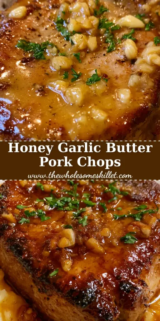 Honey Garlic Pork Chops with a Glossy Golden Butter Glaze 4 A thick-cut bone-in pork chop with a glossy honey garlic glaze resting on mashed potatoes. (honey garlic pork chops)