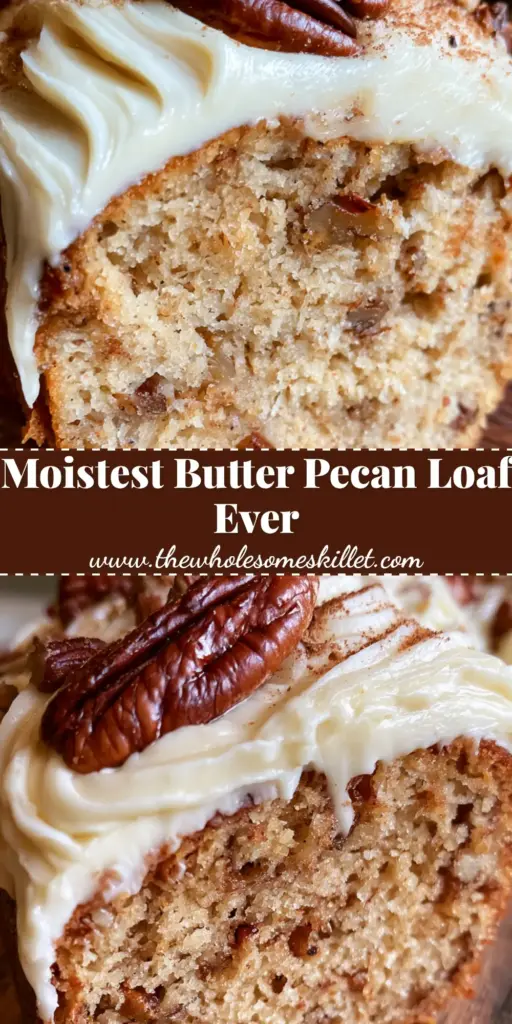 A tall slice of butter pecan pound cake with thick white cream cheese frosting and large toasted pecans on a rustic wooden board.
