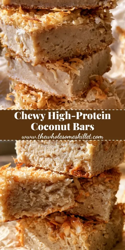 A tall stack of thick, chewy toasted coconut vanilla bars on crumpled parchment paper with a dense fudgy interior.