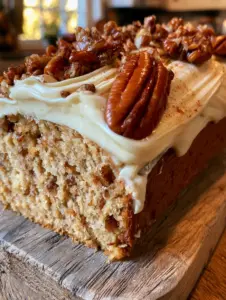Handheld photo of a gourmet slice of butter pecan pound cake featuring a moist golden crumb and swooped frosting.